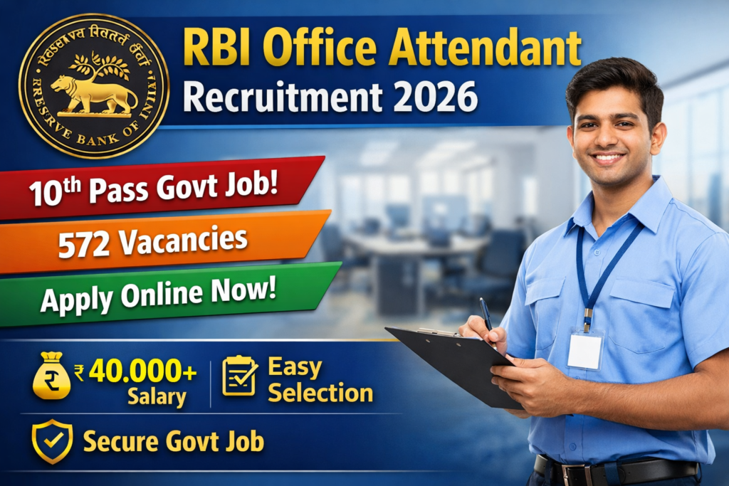 RBI Office Attendant Recruitment 2026 feature image showing 10th pass government job, salary, and apply online details for Indian candidates.