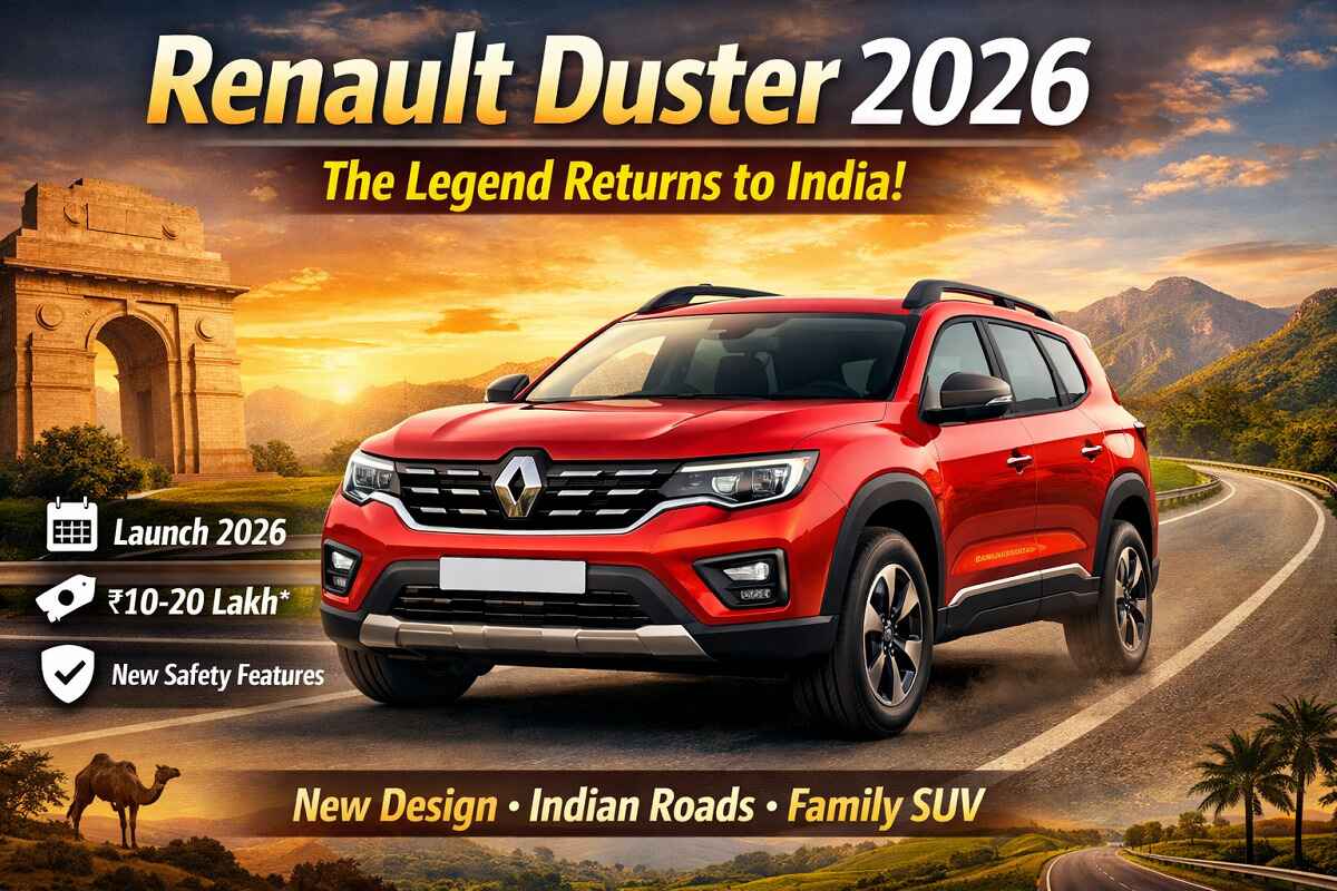 Renault Duster 2026 featured image with launch year, expected price and SUV on Indian highway