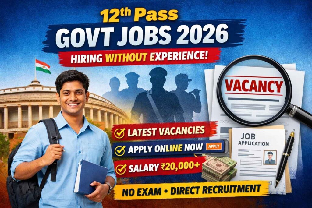 12th Pass Govt Jobs 2026 featured image showing government vacancies for freshers without experience, eligibility, salary and apply online details