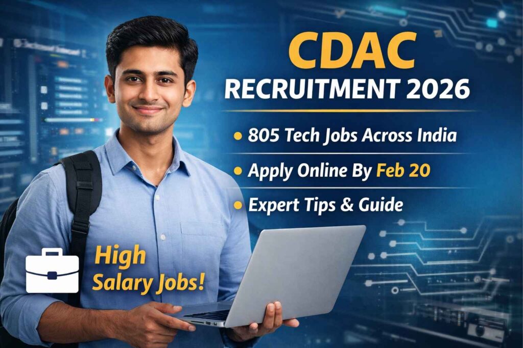 CDAC Recruitment 2026 featured image showing 805 tech job vacancies, application deadline February 20, and high salary government engineering opportunities in India.