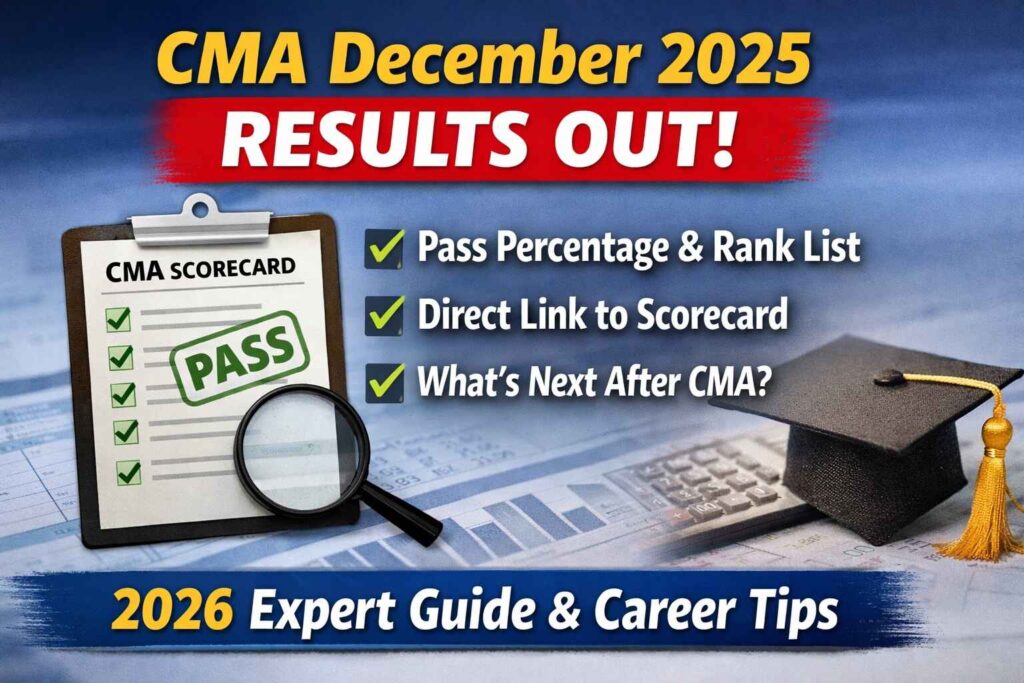 CMA December 2025 results showing pass percentage, Intermediate and Final scorecard download update for 2026