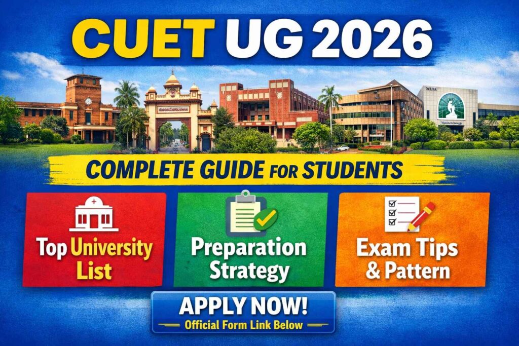 CUET UG 2026 complete guide showing university list, preparation strategy, exam pattern and official application form details