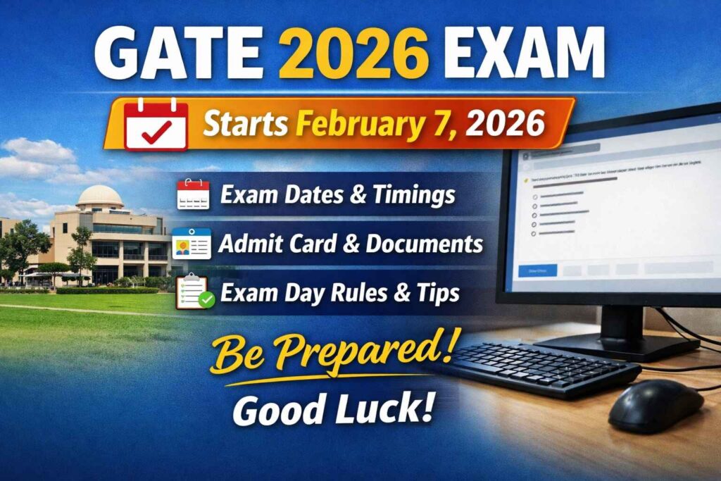 GATE 2026 exam featured image showing exam start date February 7, admit card, exam guidelines, and computer-based test
