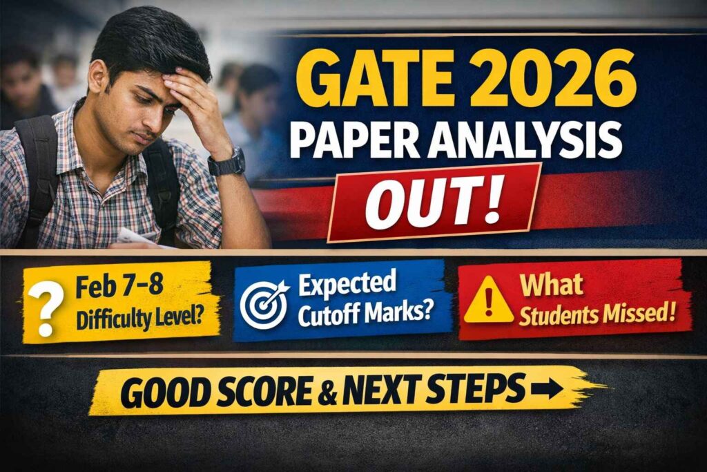 GATE 2026 paper analysis featured image showing student stress after exam with text highlighting difficulty level, expected cutoff, and next steps
