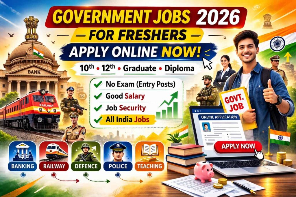 Government Jobs 2026 for freshers showing apply online options for banking, railway, defence, and state government jobs
