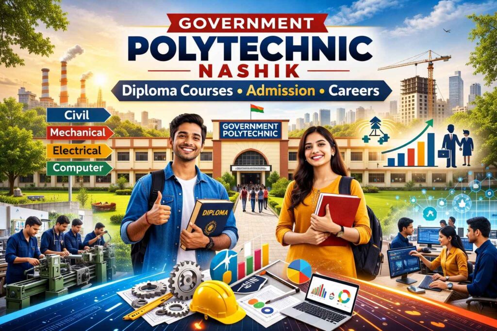 Government Polytechnic Nashik campus banner showing students, diploma courses like Civil, Mechanical, Electrical, and Computer, highlighting admission and career opportunities