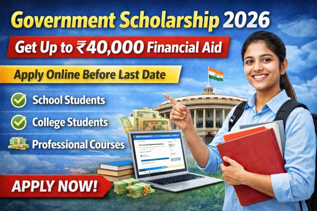 Government Scholarship 2026 banner showing Indian student holding books with ₹40,000 financial aid highlight and apply online before last date message for school and college students.