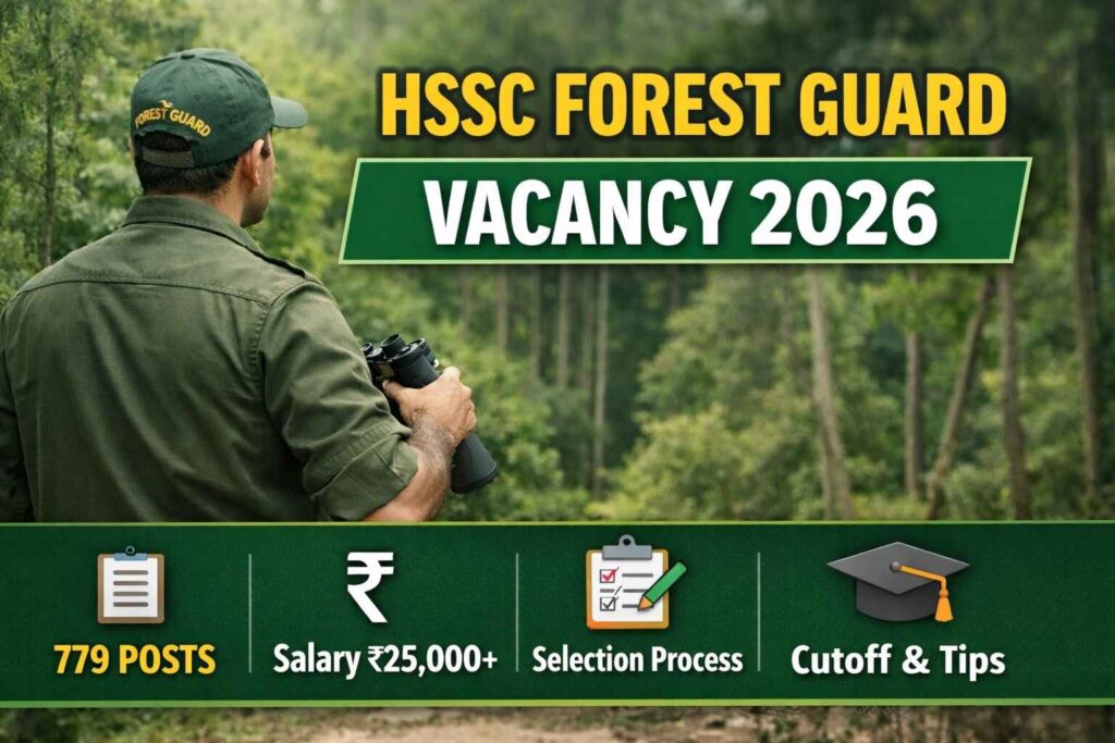 HSSC Forest Guard Vacancy 2026 feature image showing forest guard with details of 779 posts, salary, selection process, and cutoff tips