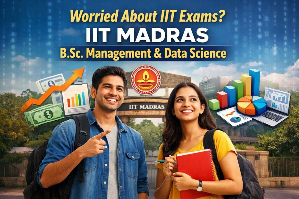 Students smiling at IIT Madras campus promoting BS in Management and Data Science program, showing data charts and career growth concept