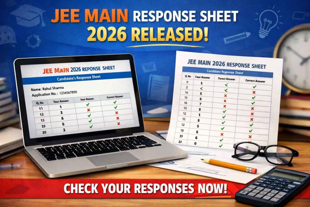 Student checking JEE Main Response Sheet 2026 on a laptop with answer options displayed on screen