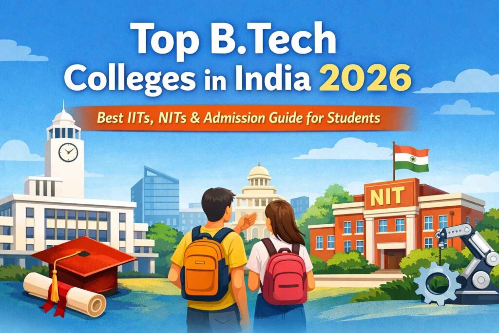 Illustration showing students looking at IIT and NIT campuses representing top B.Tech colleges in India 2026