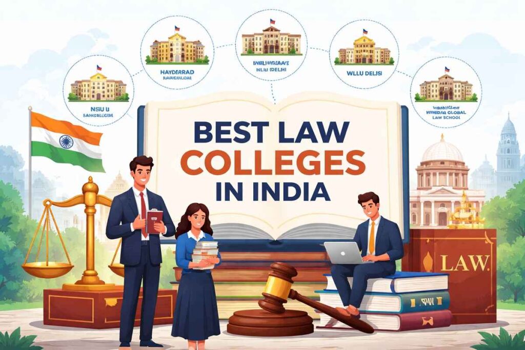 Top law colleges in India 2026 including NLU Bangalore, NALSAR Hyderabad, and leading private law schools ranking chart