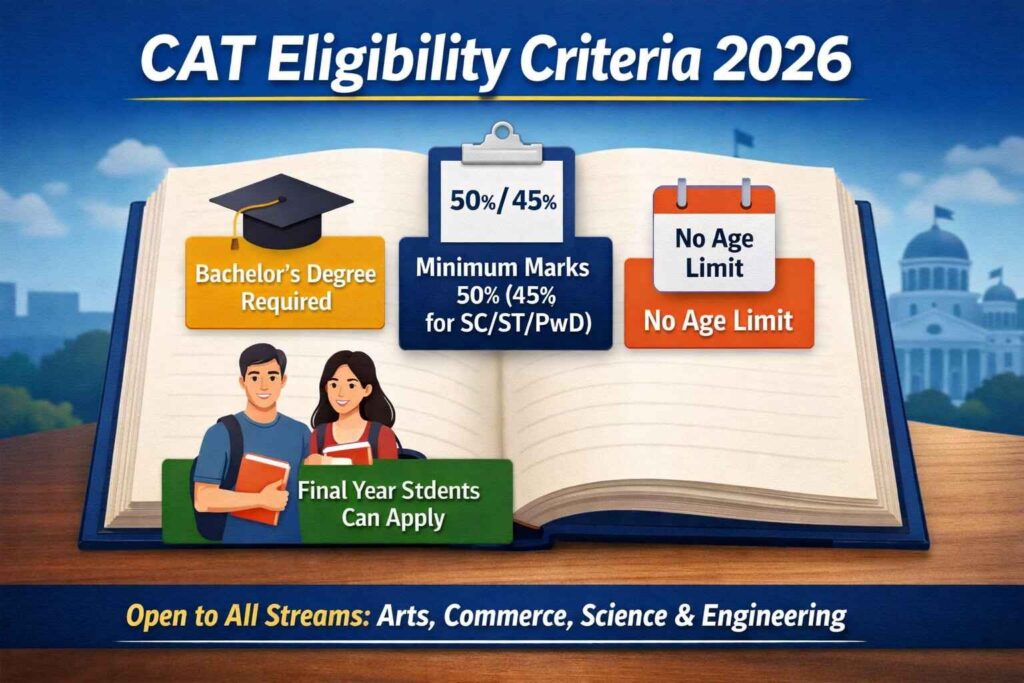 CAT Eligibility Criteria 2026: Age Limit, Graduation Marks, Final Year Students Can Apply CAT Eligibility Criteria 2026 including age limit, graduation marks requirement and eligibility for final year students for CAT exam.