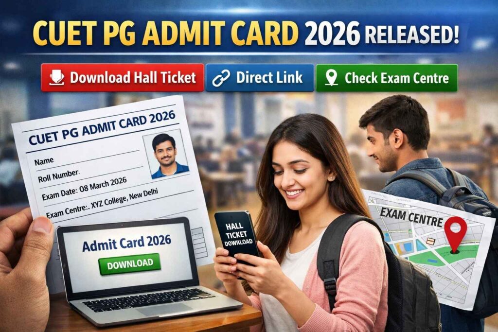 CUET PG Admit Card 2026 released – candidates downloading hall ticket and checking exam centre details for the postgraduate entrance exam.