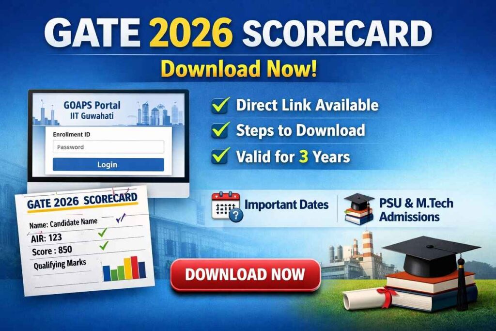 GATE 2026 scorecard download steps direct link GOAPS portal IIT Guwahati result details and validity