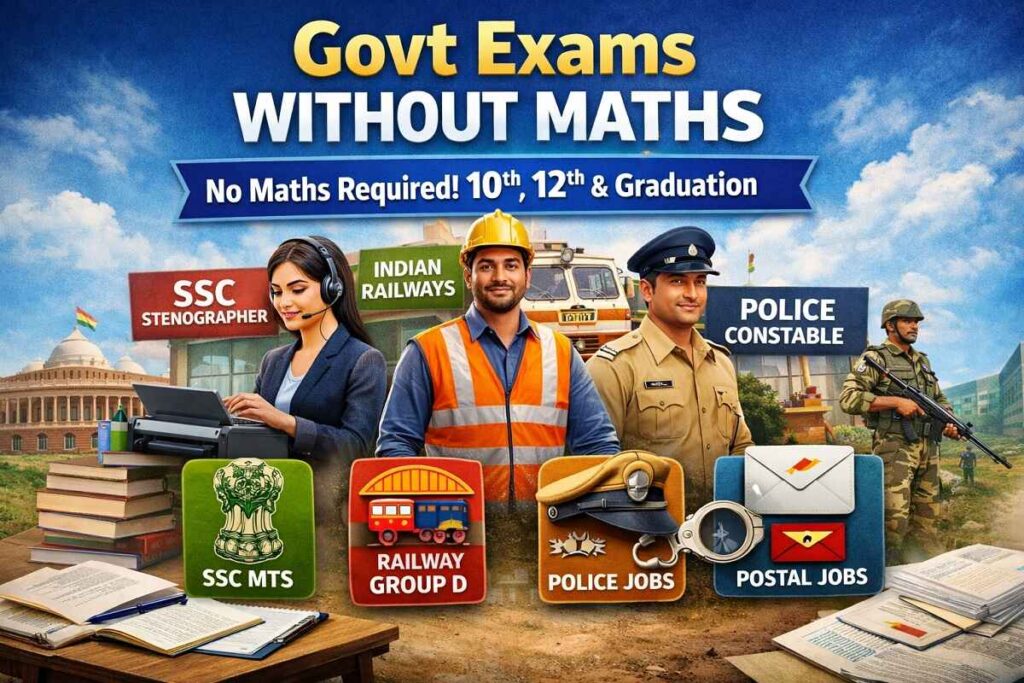 Govt Exams Without Maths 2026: Top Government Jobs Without Mathematics After 10th, 12th & Graduation Govt exams without maths list including SSC Stenographer, Railway Group D, Police Constable and other government jobs in India