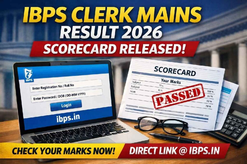 IBPS Clerk Mains Result 2026 scorecard download page on the official IBPS website