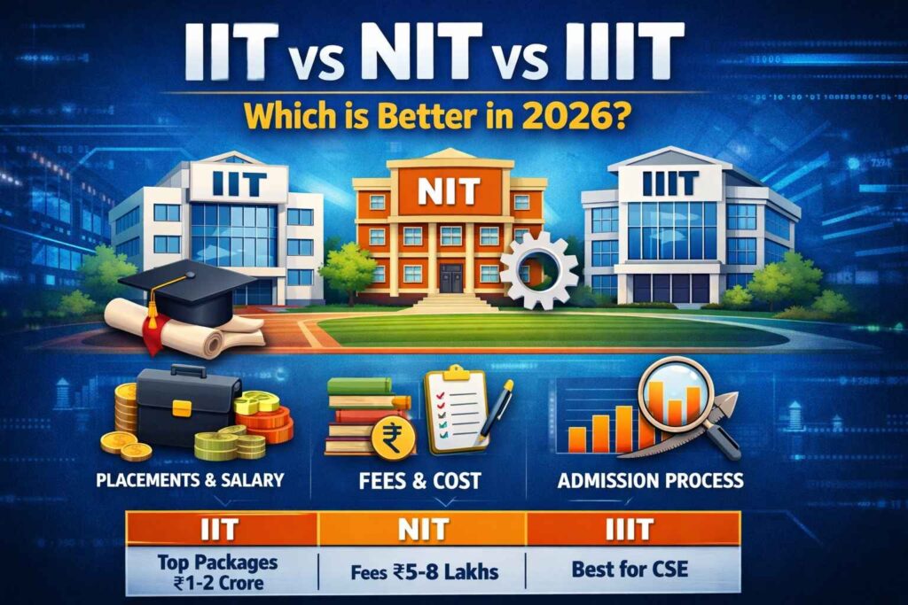 IIT vs NIT vs IIIT 2026 comparison placements fees admission process table