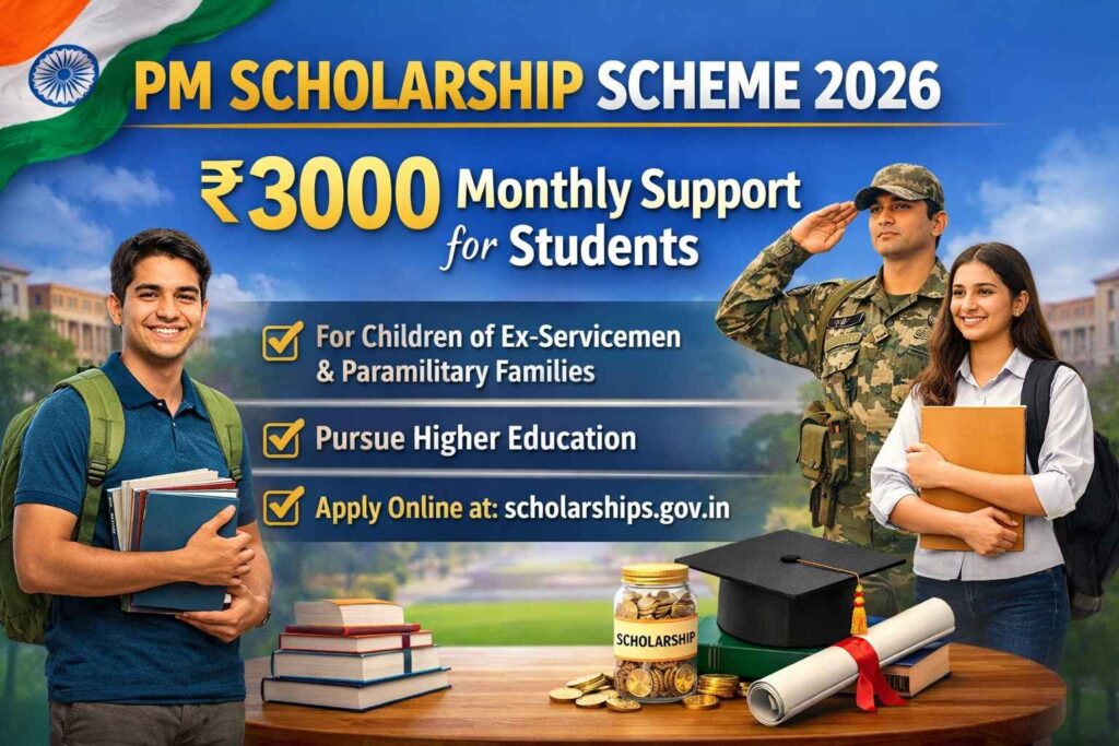 PM Scholarship Scheme 2026 offering ₹3000 monthly financial support for students from ex-servicemen and paramilitary families in India.