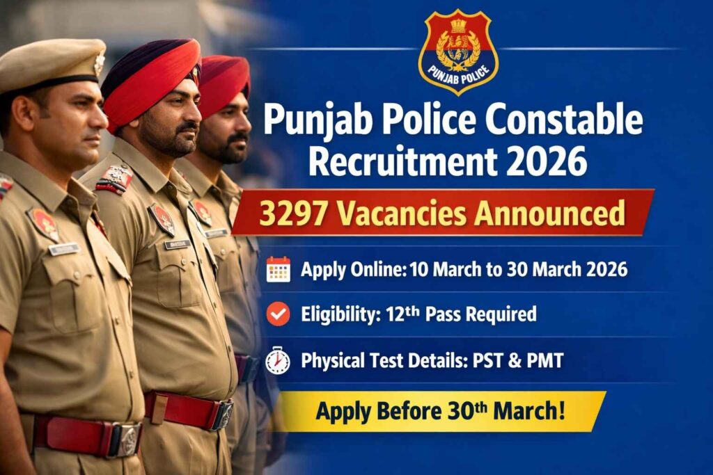 Punjab Police Constable Recruitment 2026: 3,297 Vacancies Announced, Applications Start March 10 Punjab Police Constable Recruitment 2026 notification released for 3297 vacancies apply online before March 30