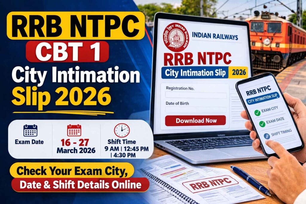 RRB NTPC CBT 1 City Intimation Slip 2026 exam city date shift details download link