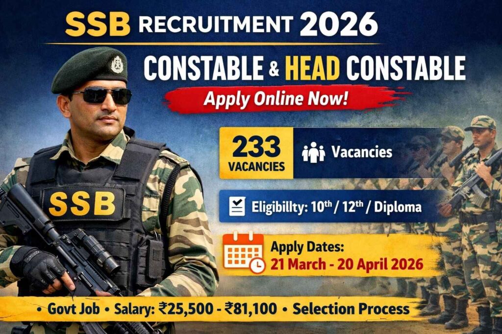 SSB Constable and Head Constable Recruitment 2026 notification with vacancy details, eligibility, and apply online dates