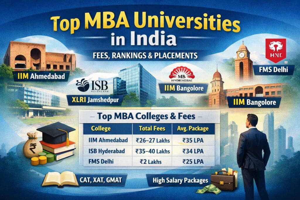 Top MBA universities in India with fees, rankings, placements including IIM Ahmedabad, IIM Bangalore, XLRI, ISB Hyderabad and FMS Delhi MBA fee structure chart