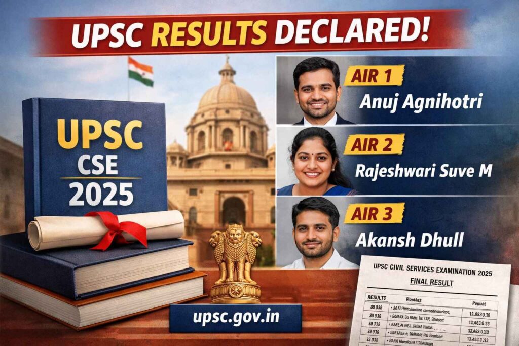 UPSC CSE 2025 final result declared with 958 candidates selected, Anuj Agnihotri AIR 1, Rajeshwari Suve M AIR 2 and Akansh Dhull AIR 3