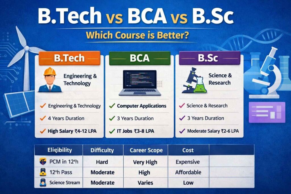 Difference Between B.Tech, BCA, and B.Sc – Which Course is Better? Difference between B.Tech BCA and B.Sc courses comparison career scope salary and eligibility guide