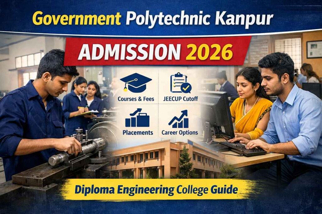 Government Polytechnic Kanpur campus showing engineering students in labs and workshops with details about admission 2026, courses, fees, and placements