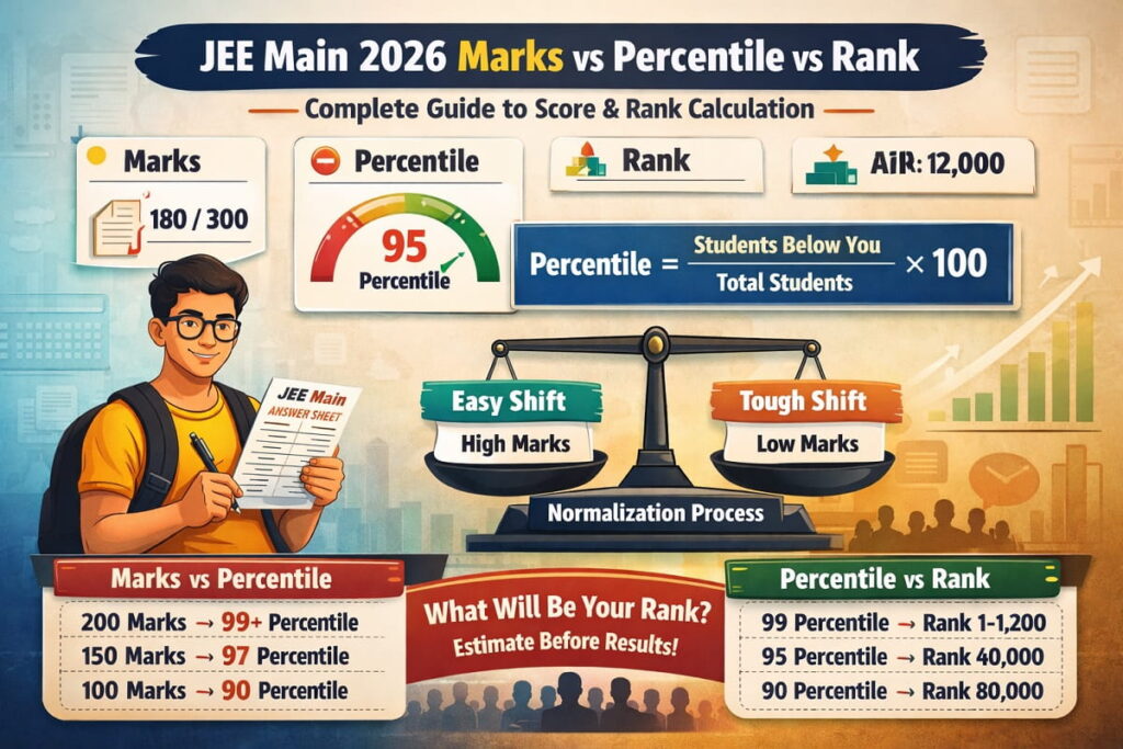 JEE Main 2026 marks vs percentile vs rank chart showing score calculation, normalization process, and expected rank analysis for students