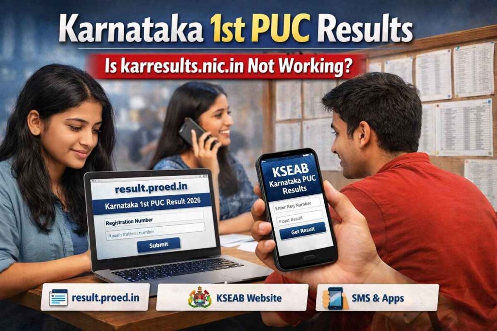 Is karresults.nic.in Not Working? Try These Alternative Links for Karnataka 1st PUC Results Students checking Karnataka 1st PUC result using alternate links like result.proed.in and KSEAB website during server downtime
