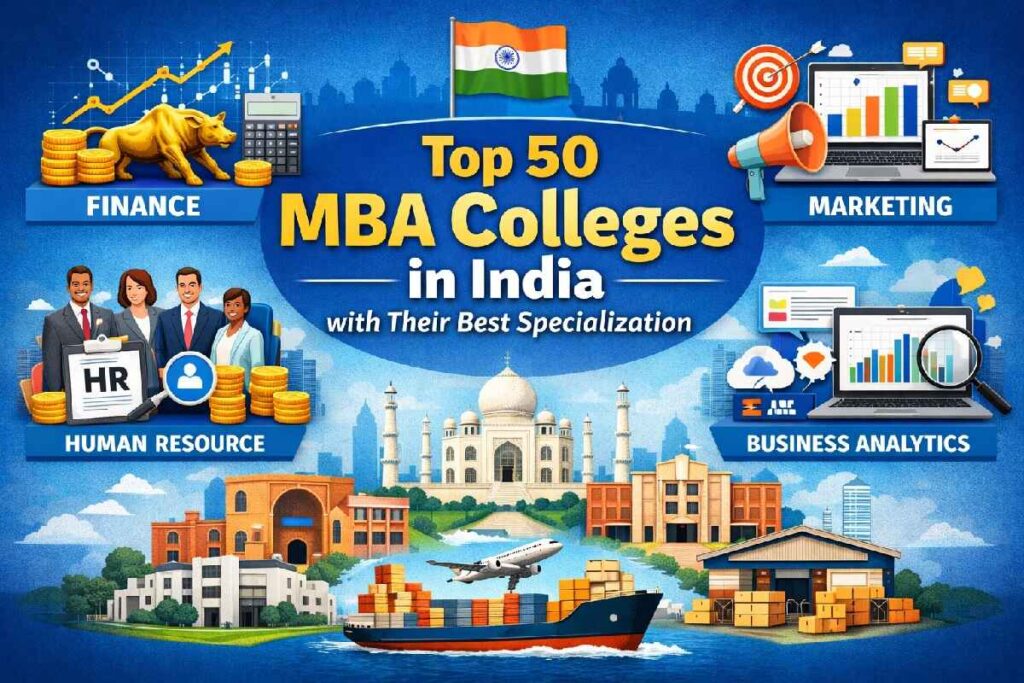 Top 50 MBA Colleges in India with their best specialization including Finance, Marketing, HR, Operations and Business Analytics in 2026