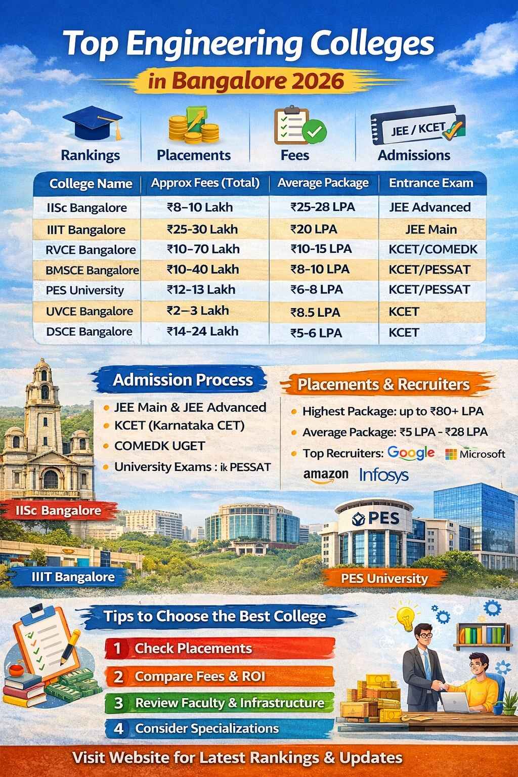 Infographic of Top Engineering Colleges in Bangalore 2026 showing rankings, fees, placements, entrance exams and admission process details for BTech students