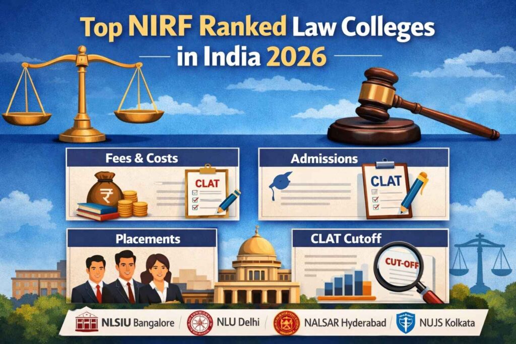 Top NIRF Ranked Law Colleges in India 2026 list with fees, placements, admission process and CLAT cutoff details