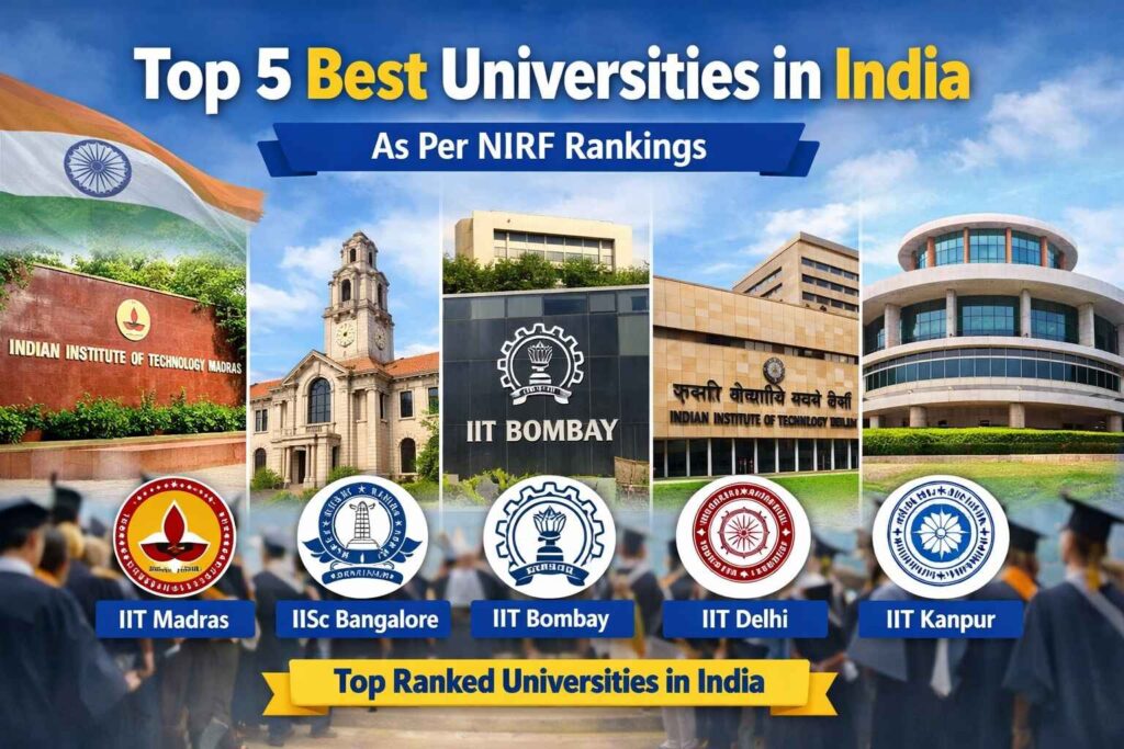 Top universities in India as per NIRF rankings including IIT Madras, IISc Bangalore, IIT Bombay, IIT Delhi and IIT Kanpur
