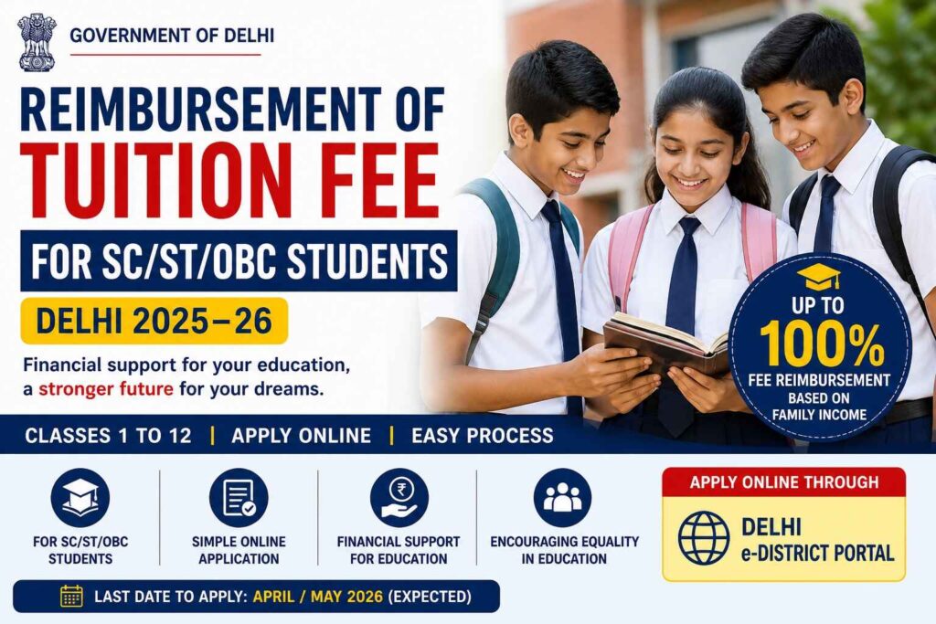 Delhi Tuition Fee Reimbursement Scheme 2025–26 for SC ST OBC students apply online eligibility benefits