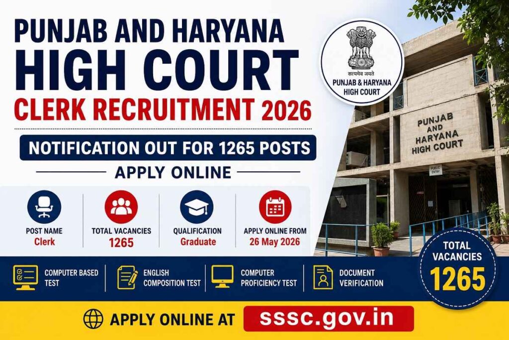 Punjab and Haryana High Court Clerk Recruitment 2026 notification released for 1265 Clerk vacancies in Haryana Courts